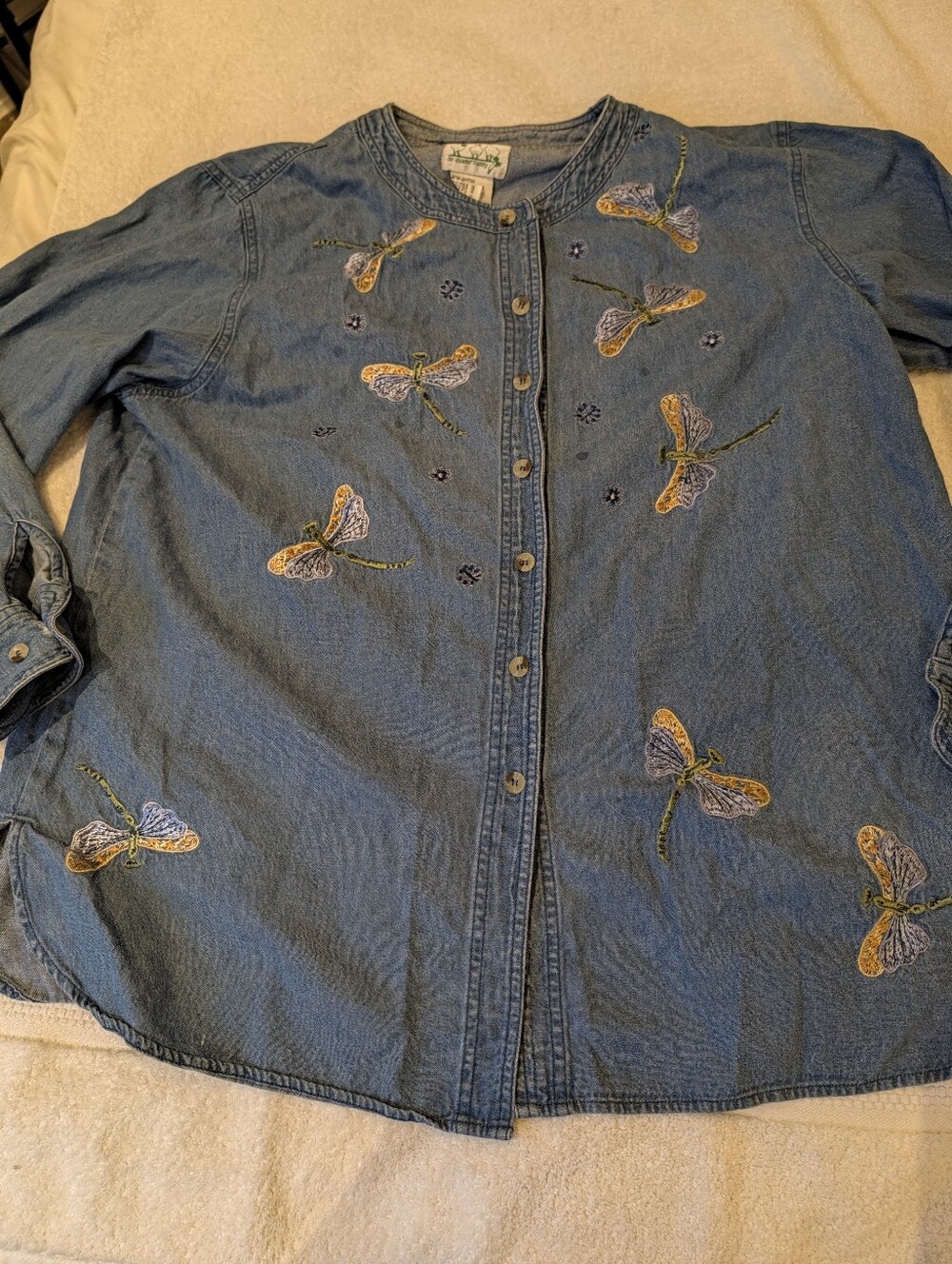 Vintage Quacker Factory Embroidered Dragonfly Denim Shirt Button Up Chambray L